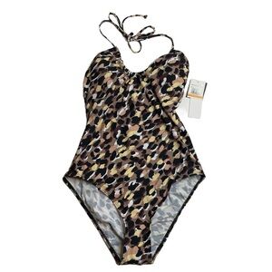 Salt + Cove One Piece Swimsuit Halter Top Brown Black Animal Print Small New
